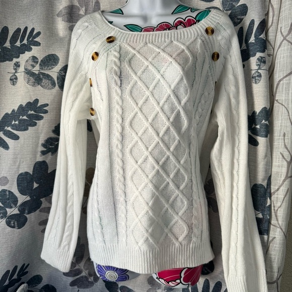 White Crew Neck Cable Knit Sweater with Buttons - Picture 2 of 3